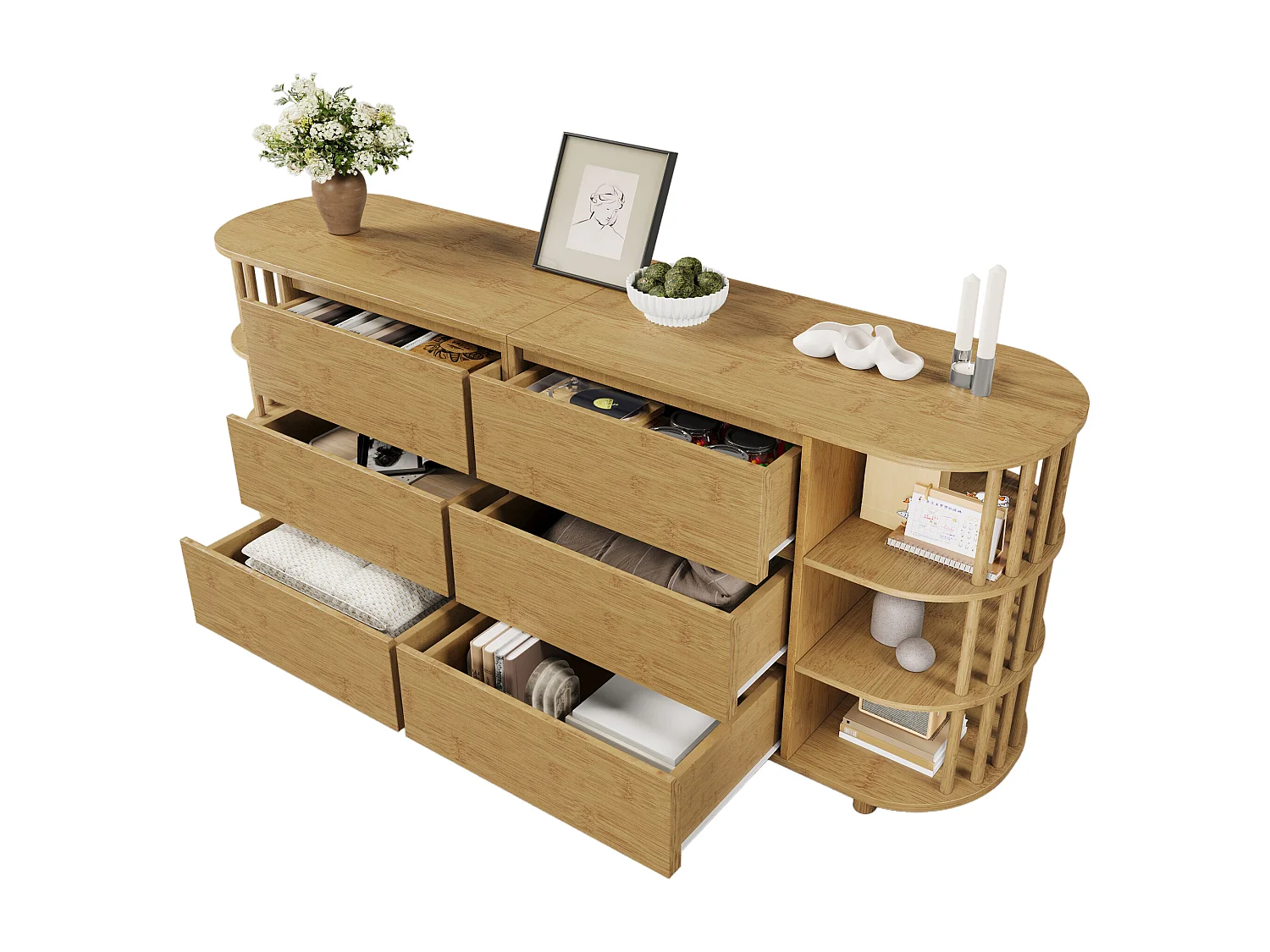 Commode en bois à 6 tiroirs - Commode avec 6 espaces de rangement ouverts et colonnes - deux pieds centraux réglables en hauteur