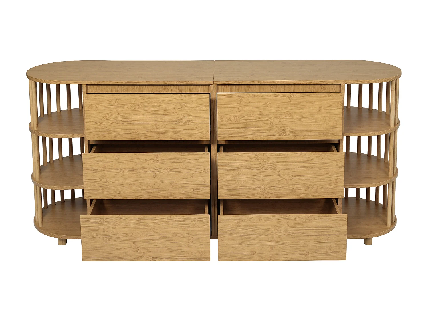 Commode en bois à 6 tiroirs - Commode avec 6 espaces de rangement ouverts et colonnes - deux pieds centraux réglables en hauteur
