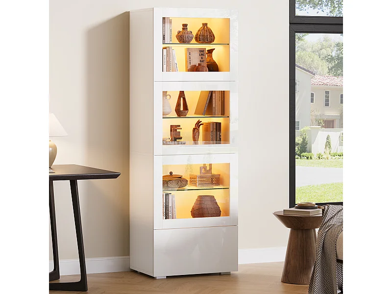 Vitrine blanc avec éclairage LED - Vitrine 3 portes et 1 tiroir - 3 étagères en verre