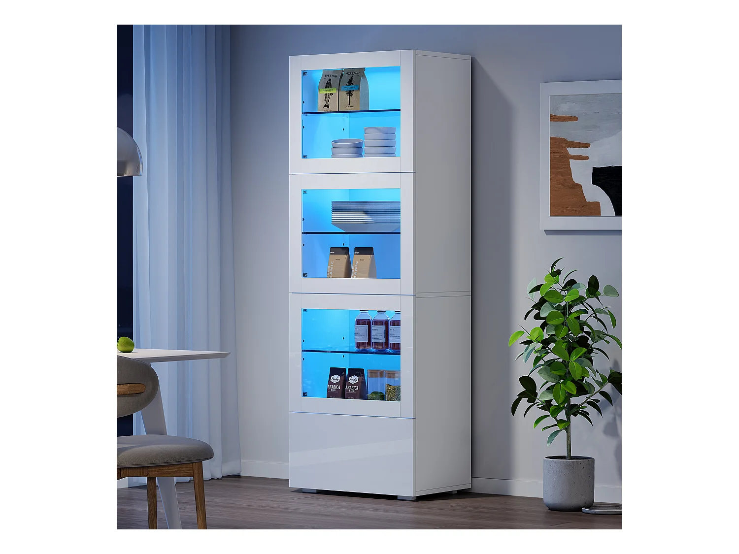 Vitrine blanc avec éclairage LED - Vitrine 3 portes et 1 tiroir - 3 étagères en verre