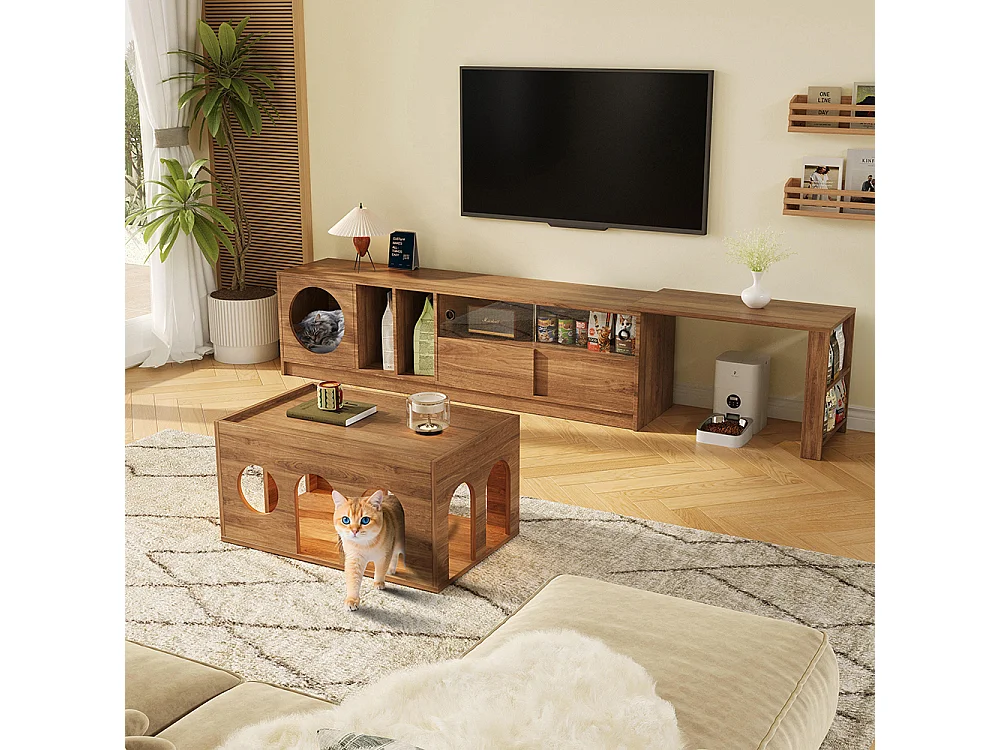 Table basse noyer adaptée animaux trous chats salon moderne interaction humains animaux