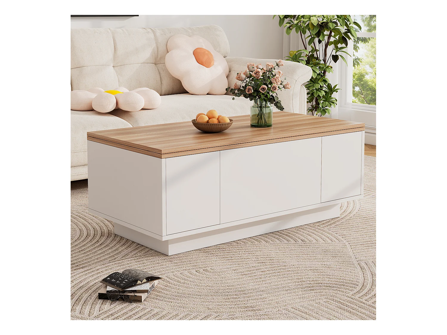 Table basse avec plateau en bois relevable double - Table basse à 2 portes - rangement dissimulé - blanc