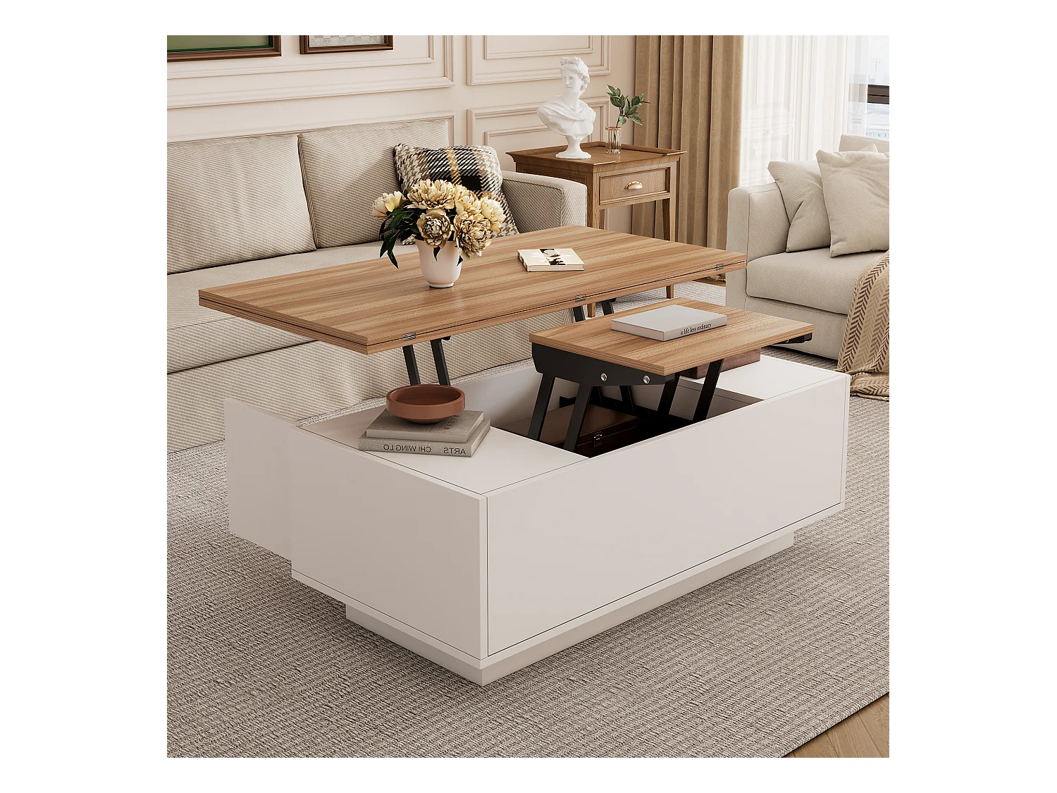 Table basse avec plateau en bois relevable double - Table basse à 2 portes - rangement dissimulé - blanc