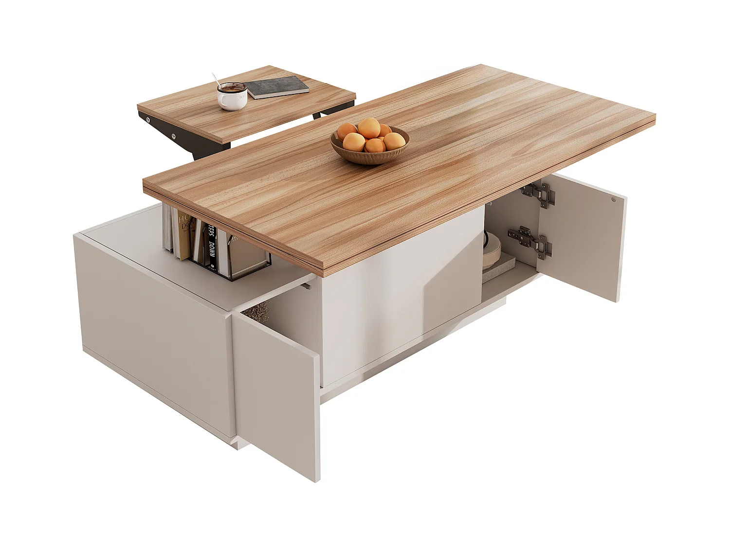 Table basse avec plateau en bois relevable double - Table basse à 2 portes - rangement dissimulé - blanc