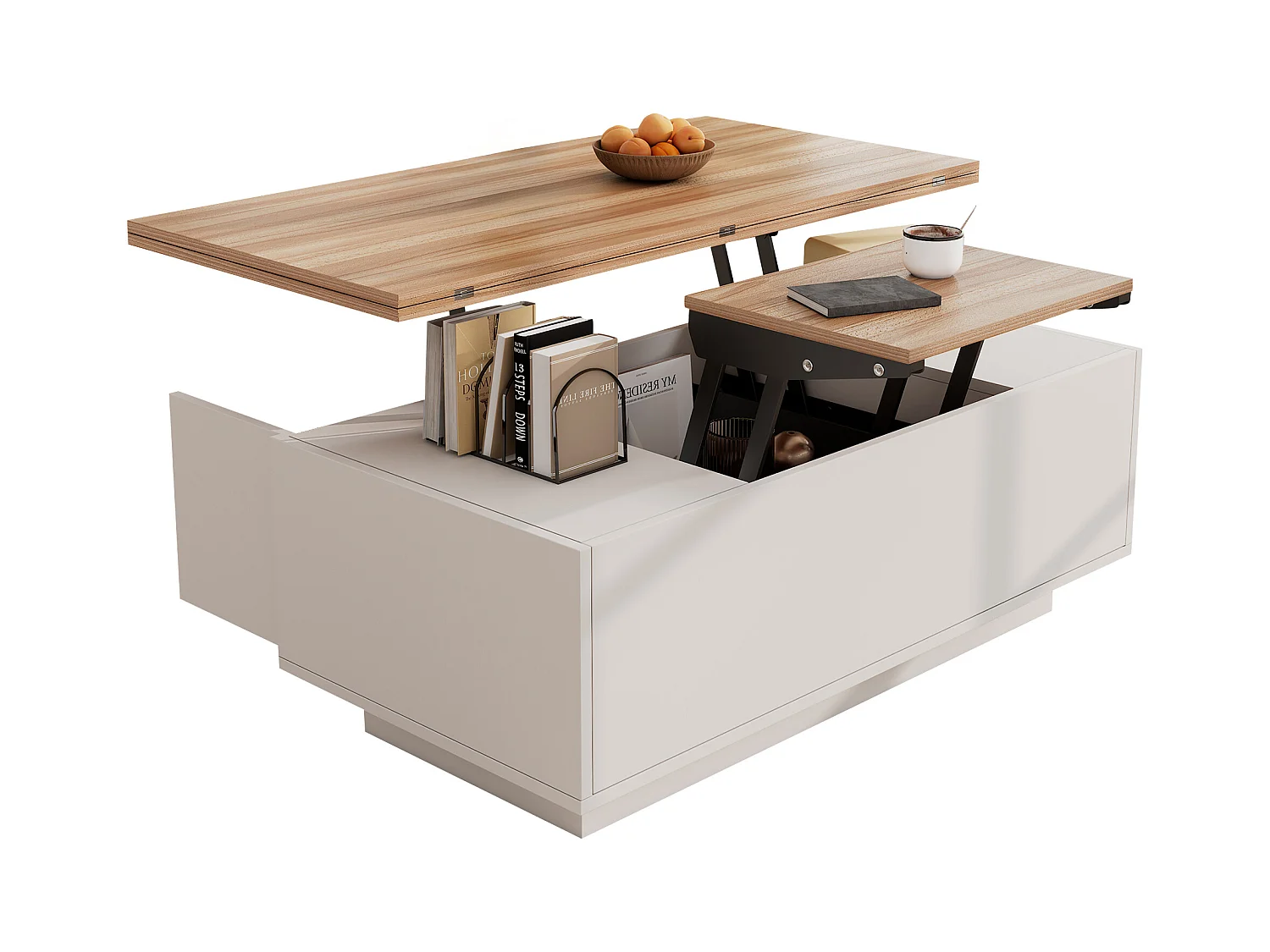 Table basse avec plateau en bois relevable double - Table basse à 2 portes - rangement dissimulé - blanc