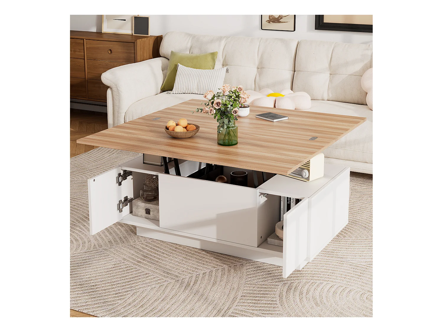 Mesa de centro con tablero de madera elevable doble - Mesa de centro de 2 puertas - almacenamiento oculto - blanco