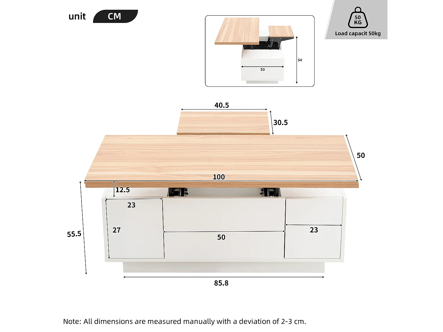 Table basse avec plateau en bois relevable double - Table basse à 2 portes - rangement dissimulé - blanc