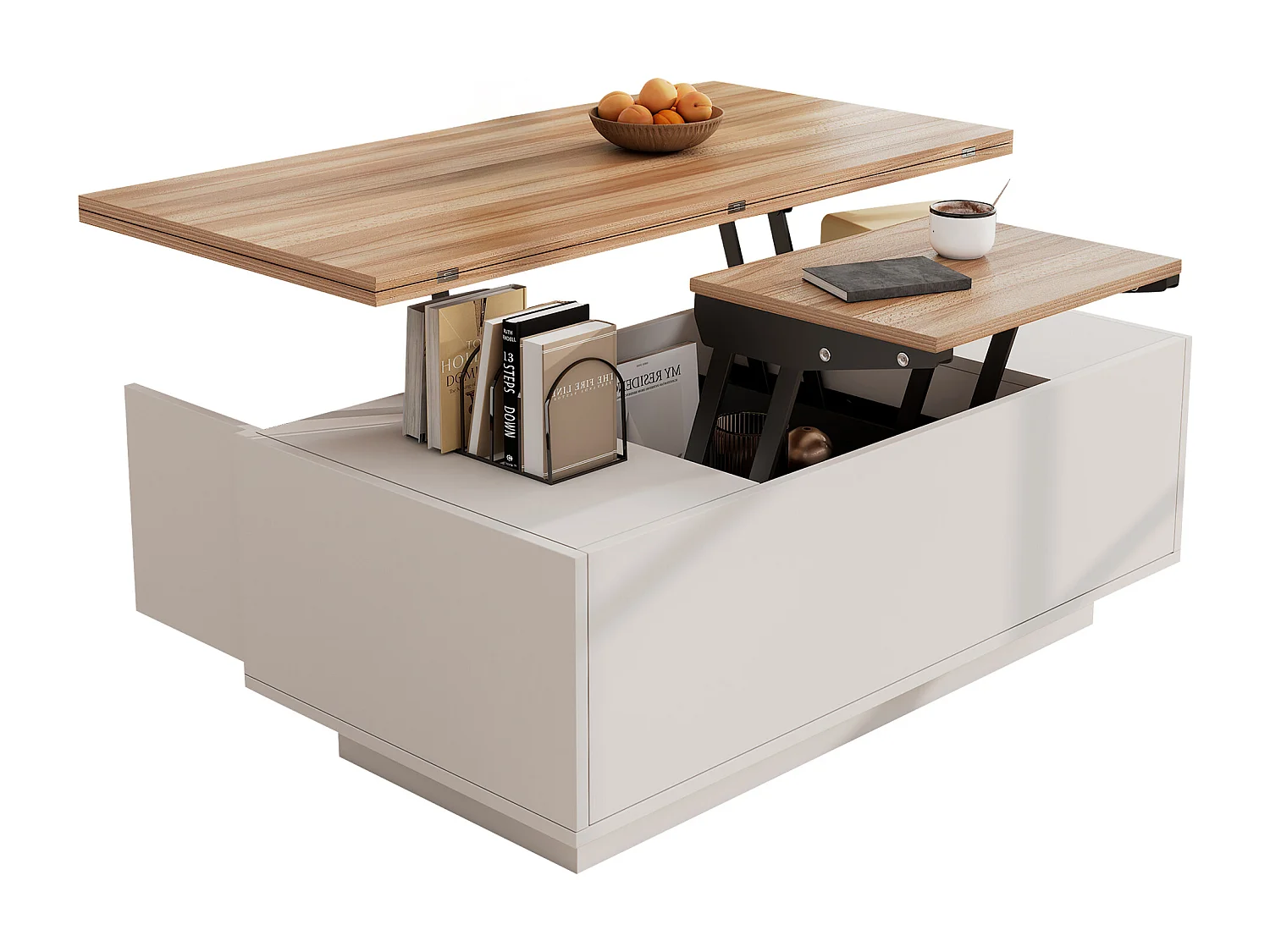 Table basse avec plateau en bois relevable double - Table basse à 2 portes - rangement dissimulé - blanc