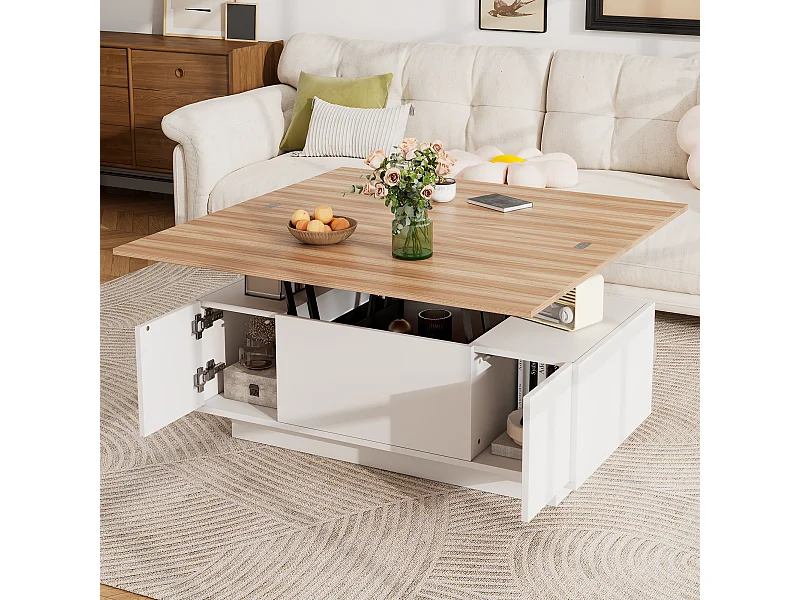 Table basse avec plateau en bois relevable double - Table basse à 2 portes - rangement dissimulé - blanc
