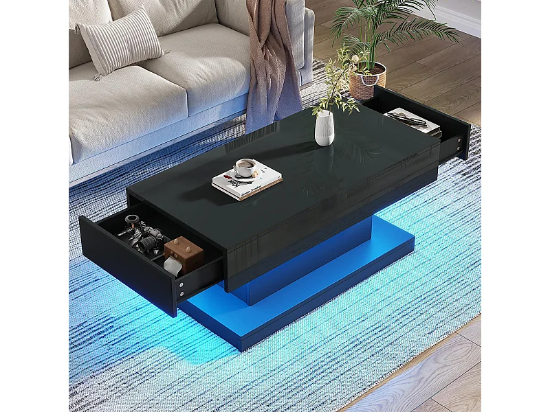 Table basse 2 tiroirs brillante LED bande lumineuse design épuré noir thé
