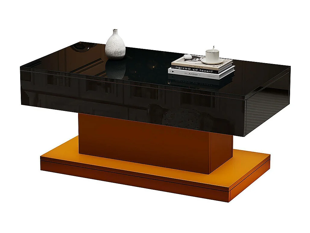 Table basse 2 tiroirs brillante LED bande lumineuse design épuré noir thé