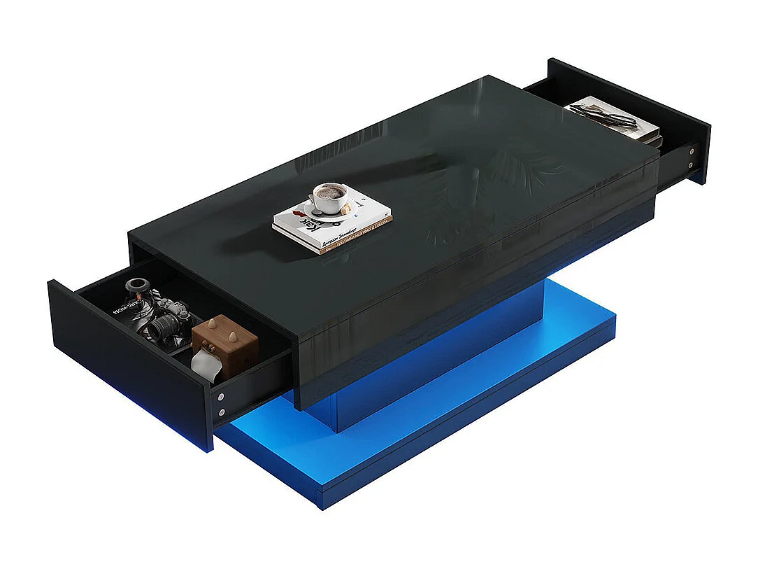 Table basse 2 tiroirs brillante LED bande lumineuse design épuré noir thé