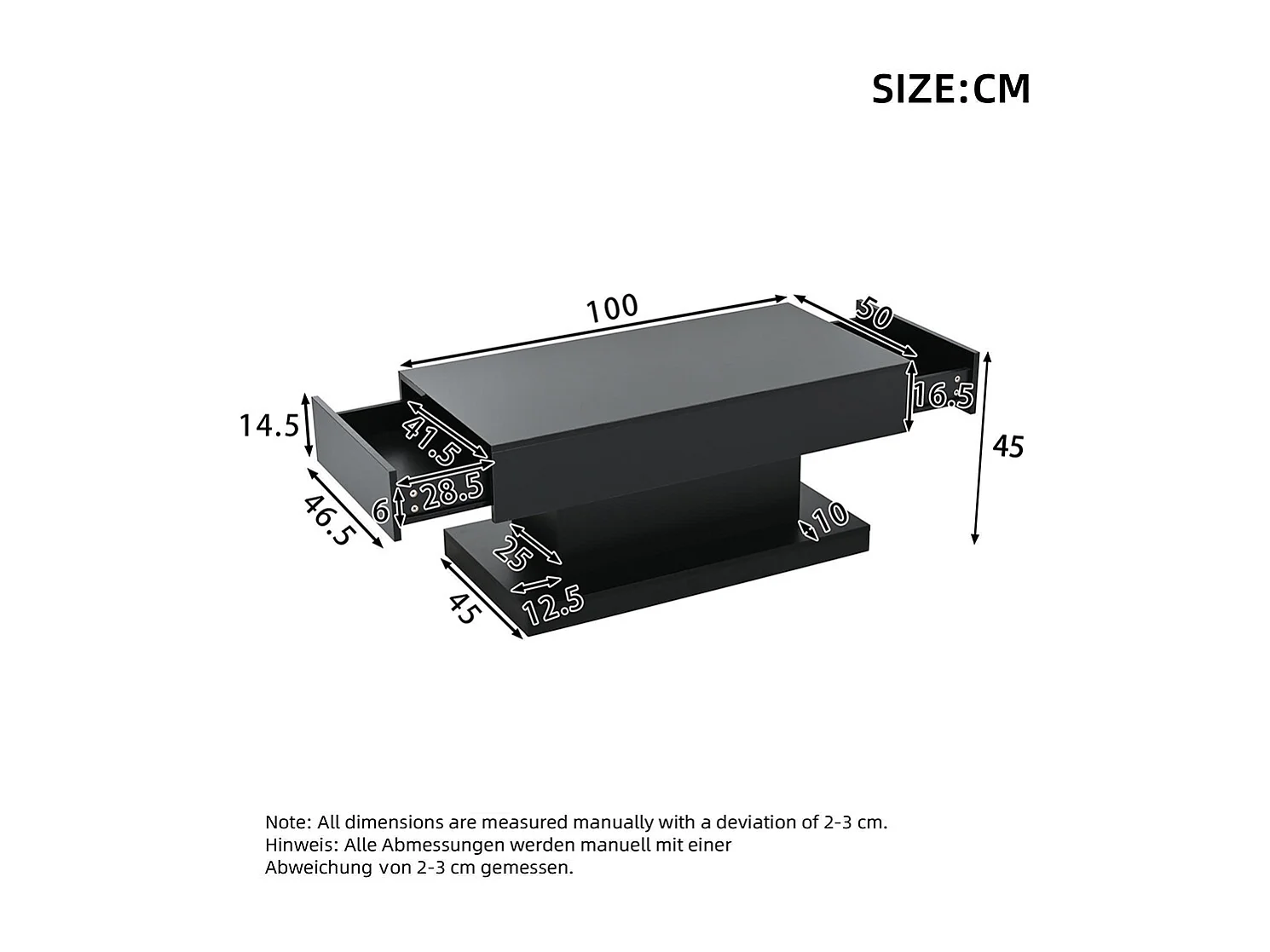 Table basse 2 tiroirs brillante LED bande lumineuse design épuré noir thé