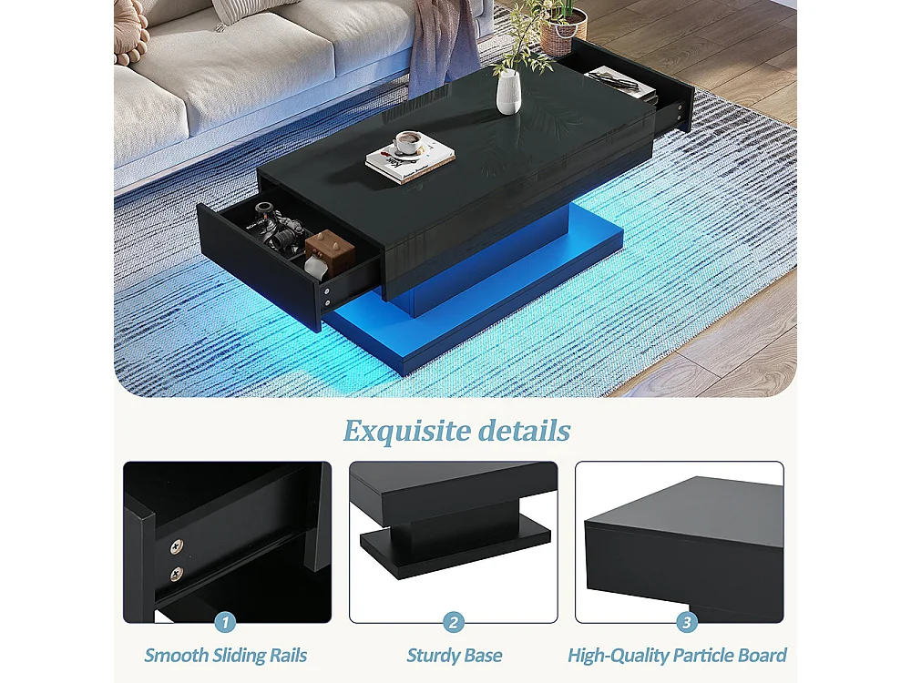 Table basse 2 tiroirs brillante LED bande lumineuse design épuré noir thé