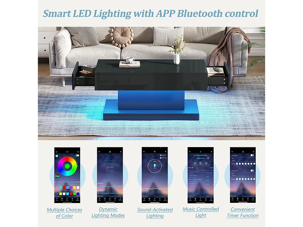 Table basse 2 tiroirs brillante LED bande lumineuse design épuré noir thé