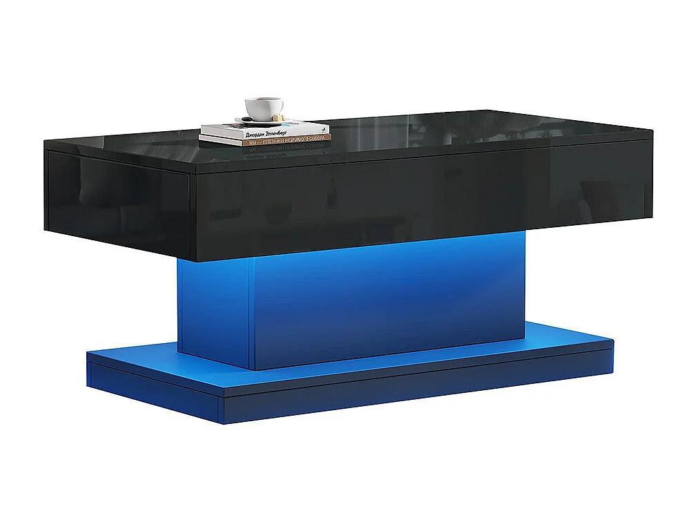 Table basse 2 tiroirs brillante LED bande lumineuse design épuré noir thé
