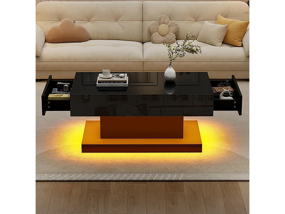 Table basse 2 tiroirs brillante LED bande lumineuse design épuré noir thé