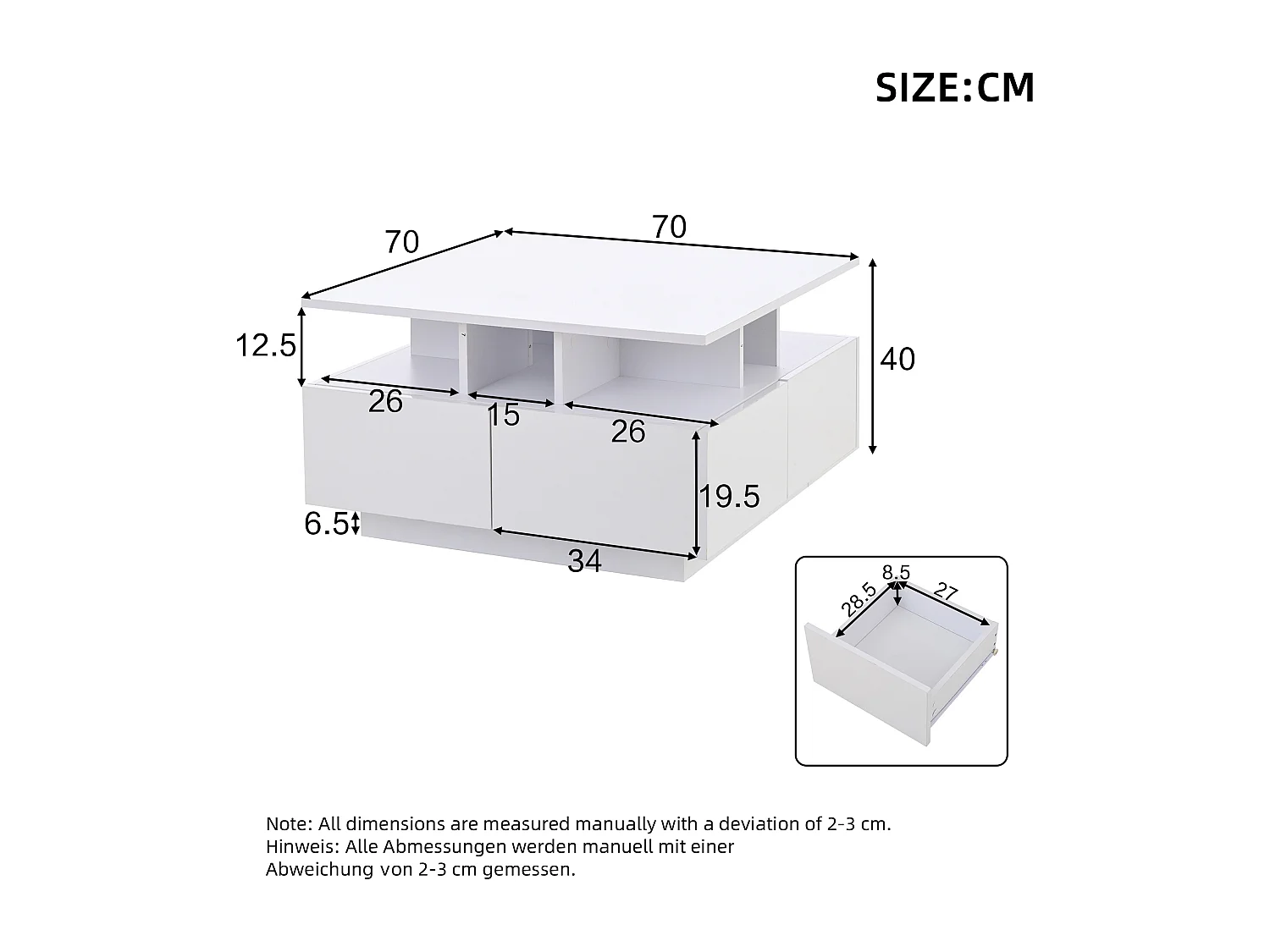 Table basse carrée blanc - Table basse avec éclairage LED et 4 tiroirs - rangement ouvert