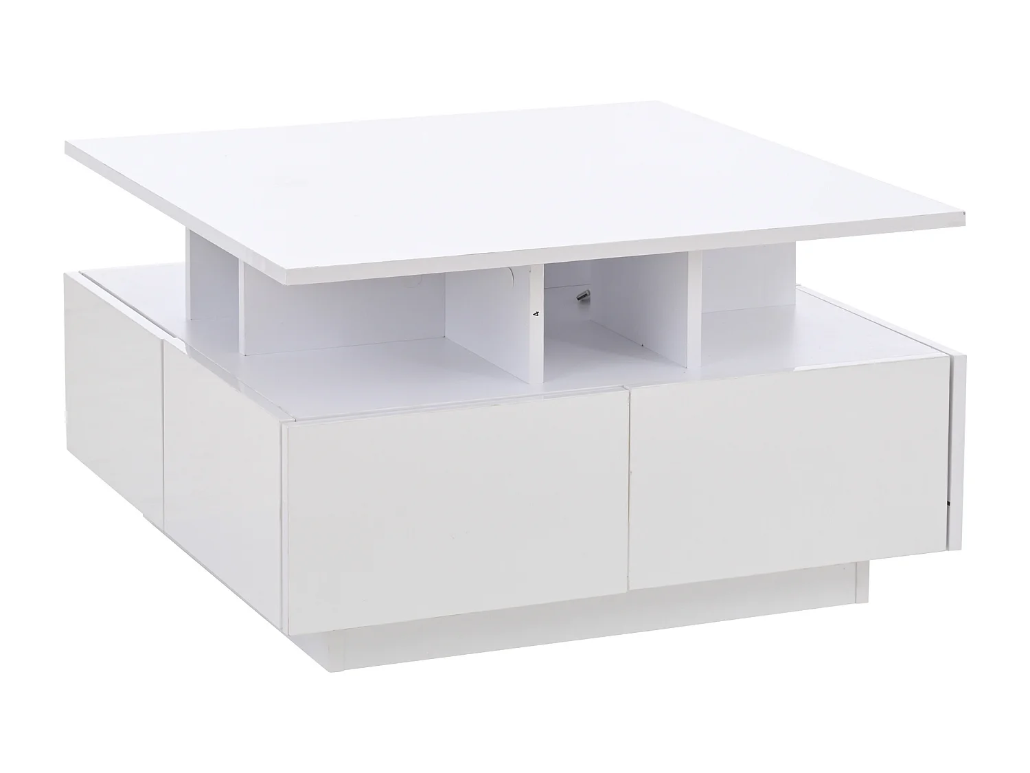 Table basse carrée blanc - Table basse avec éclairage LED et 4 tiroirs - rangement ouvert