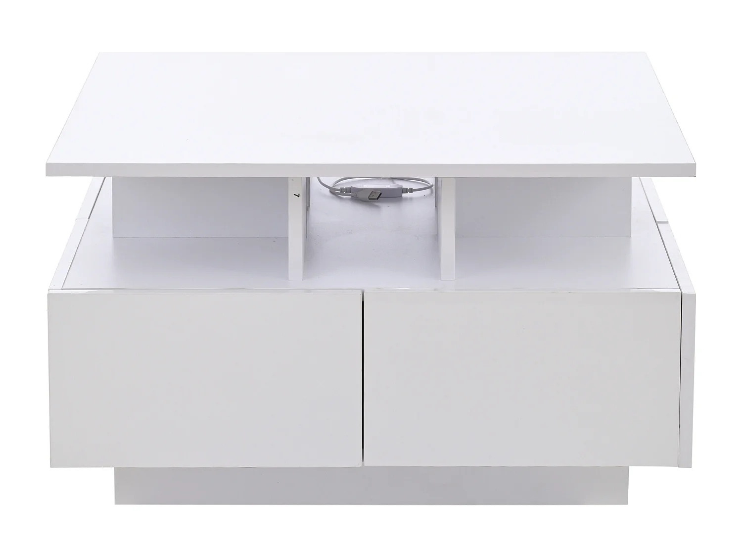 Table basse carrée blanc - Table basse avec éclairage LED et 4 tiroirs - rangement ouvert