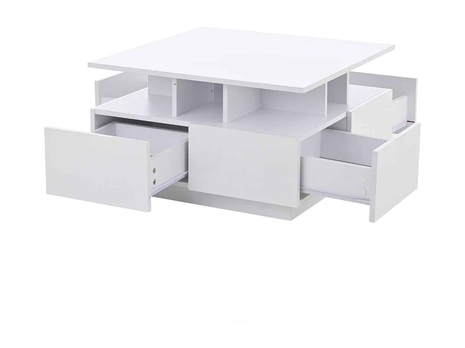 Table basse carrée blanc - Table basse avec éclairage LED et 4 tiroirs - rangement ouvert