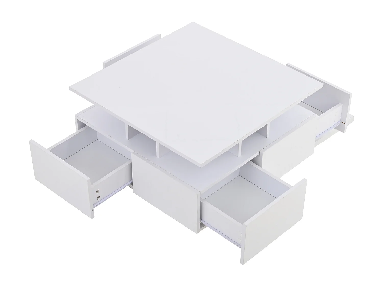 Table basse carrée blanc - Table basse avec éclairage LED et 4 tiroirs - rangement ouvert
