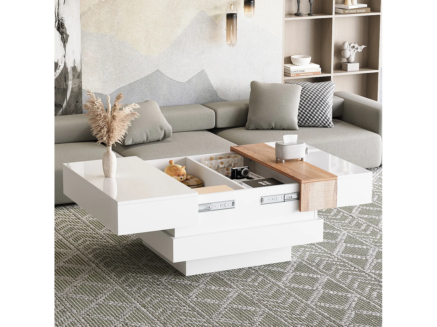 Table basse blanc brillante - Table basse avec plateau rétractable - 2 compartiments de rangement