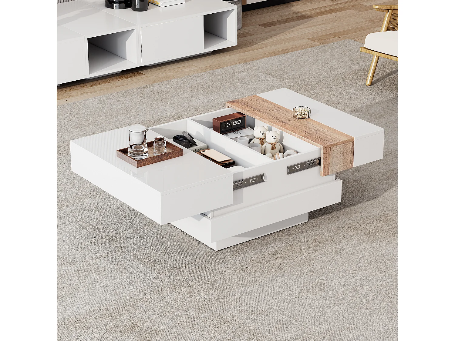 Table basse blanc brillante - Table basse avec plateau rétractable - 2 compartiments de rangement