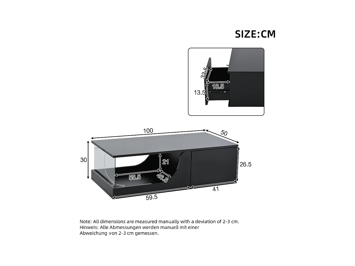 Czarny stolik kawowy - Stolik kawowy z oświetleniem LED i 2 szufladami - otwarta przestrzeń do przechowywania