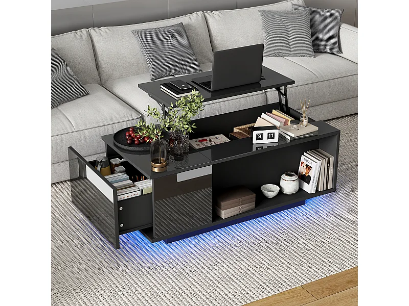 Zwarte salontafel met in hoogte verstelbaar blad - Salontafel met LED-verlichting en 1 lade - open opbergruimte