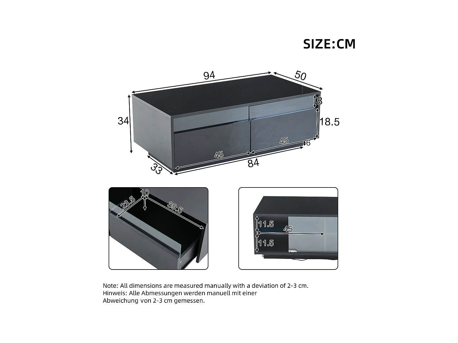 Stolik kawowy z oświetleniem LED - Stolik kawowy z 2 szufladami i 2 przesuwanymi szklanymi drzwiami - Czarny