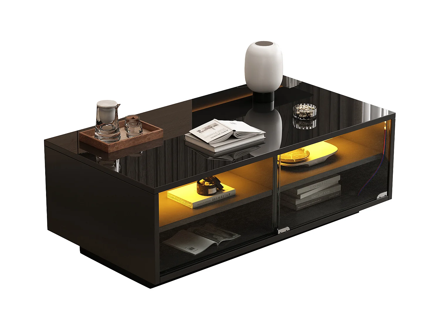Stolik kawowy z oświetleniem LED - Stolik kawowy z 2 szufladami i 2 przesuwanymi szklanymi drzwiami - Czarny