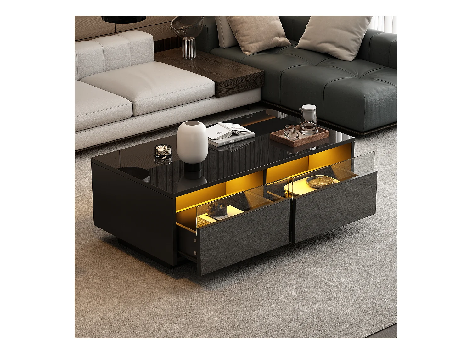 Tavolino con illuminazione a LED - Tavolino con 2 cassetti e 2 ante scorrevoli in vetro - nero