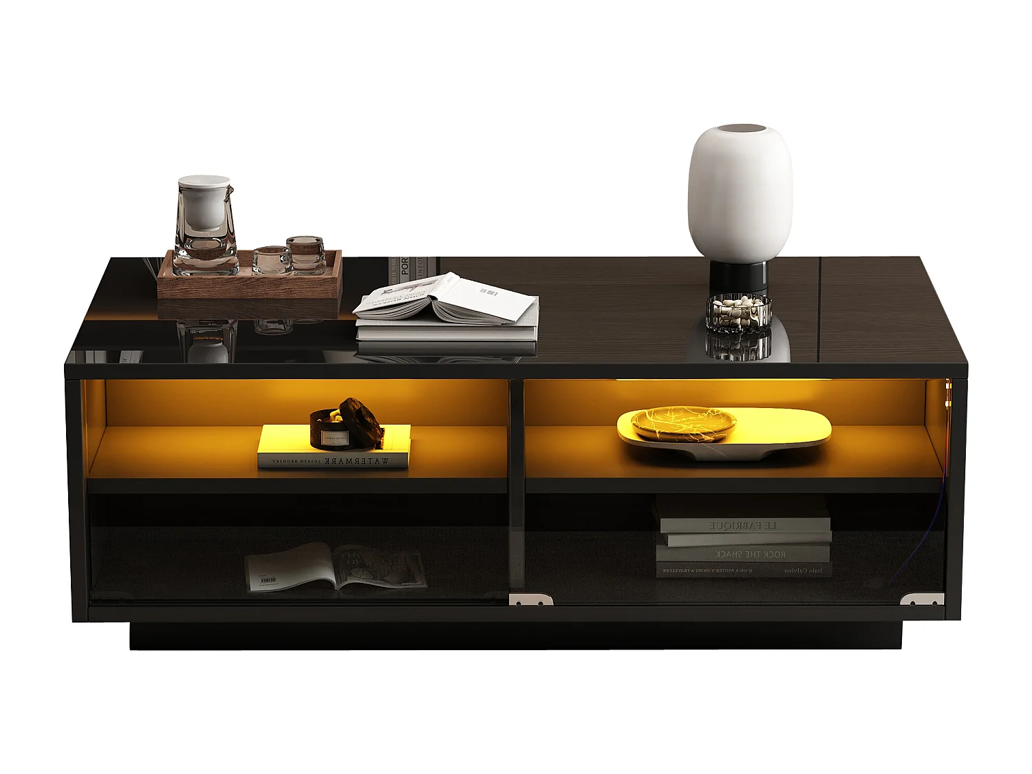 Mesa de centro con iluminación LED - Mesa de centro con 2 cajones y 2 puertas correderas de cristal - negra