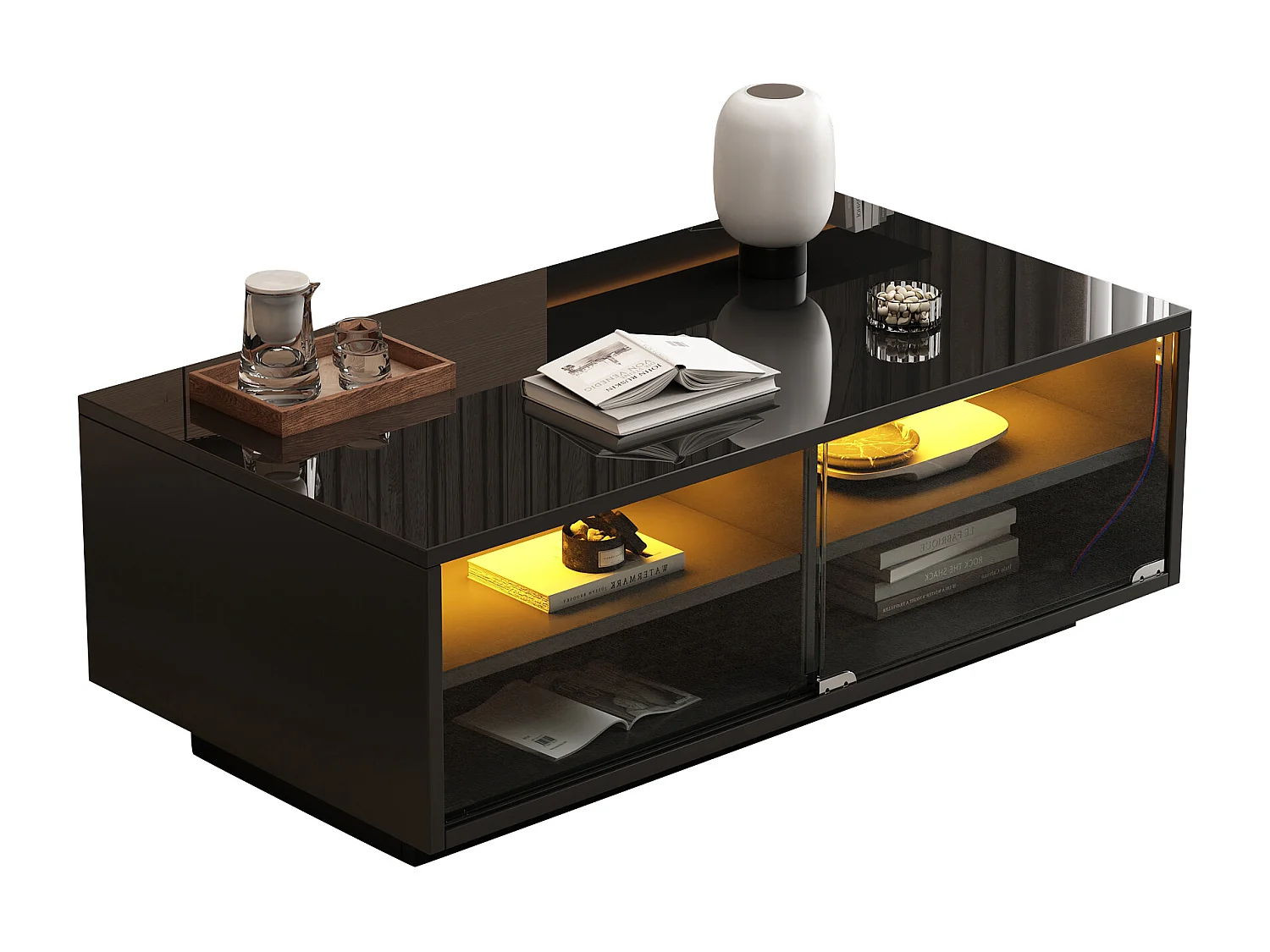 Mesa de centro con iluminación LED - Mesa de centro con 2 cajones y 2 puertas correderas de cristal - negra