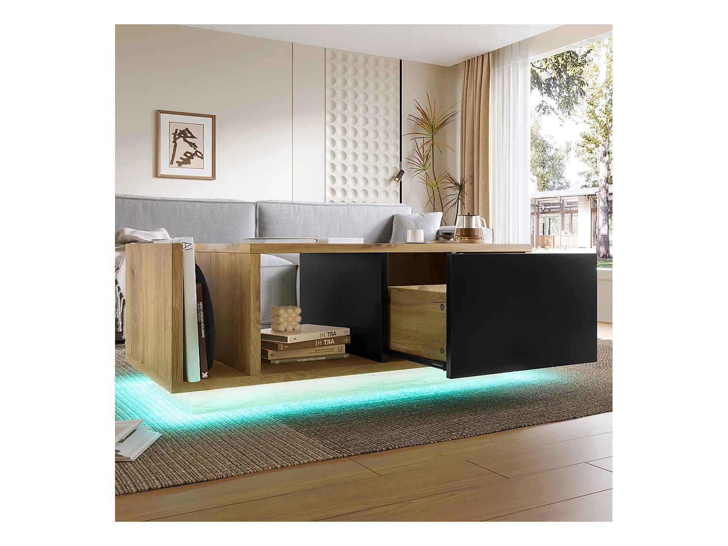 Mesa de centro em madeira - Mesa de centro com uma porta e iluminação LED - compartimento de arrumação aberto