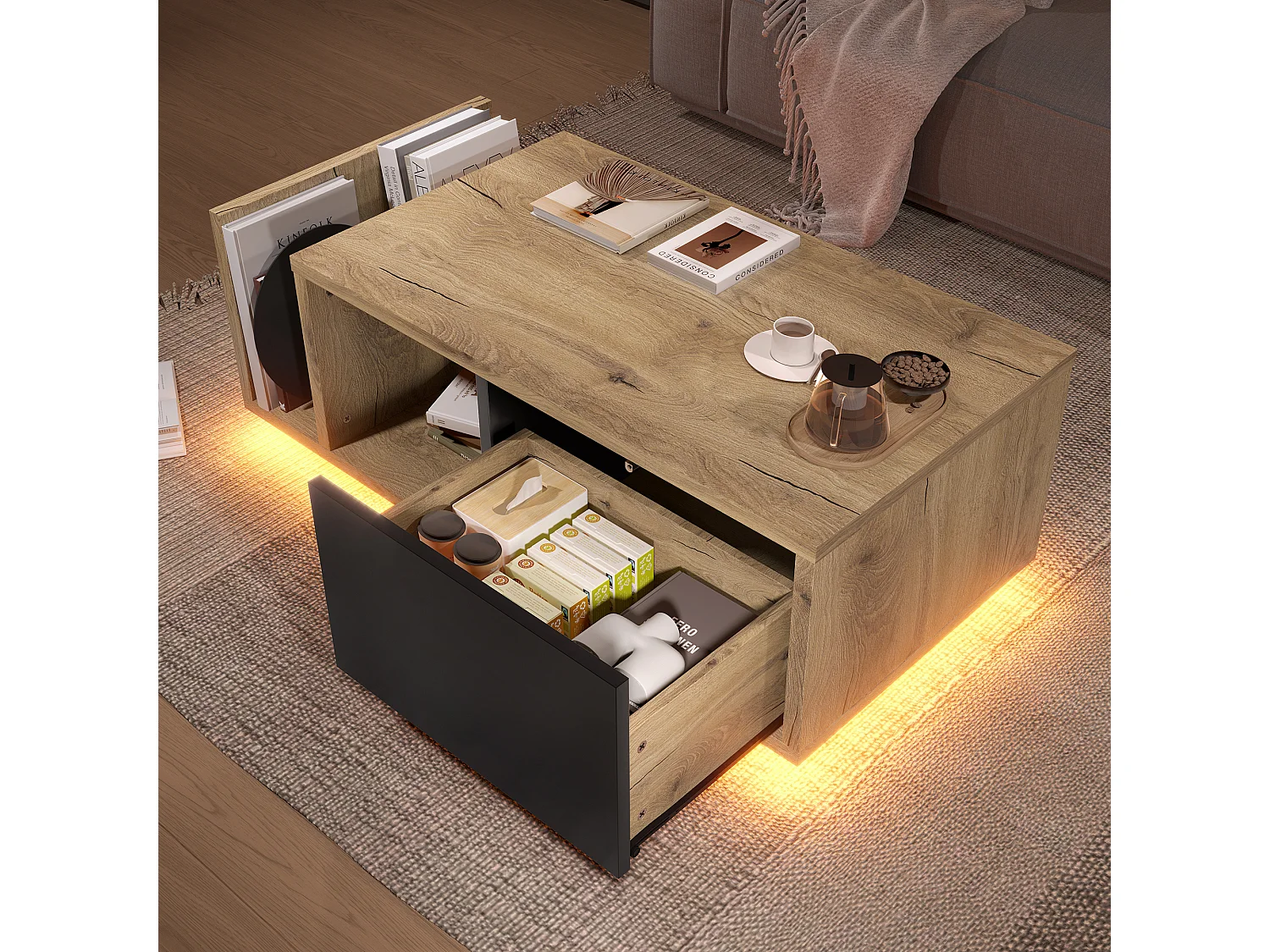 Table basse en bois - Table basse avec 1 porte et éclairage LED - compartiment de rangement ouvert