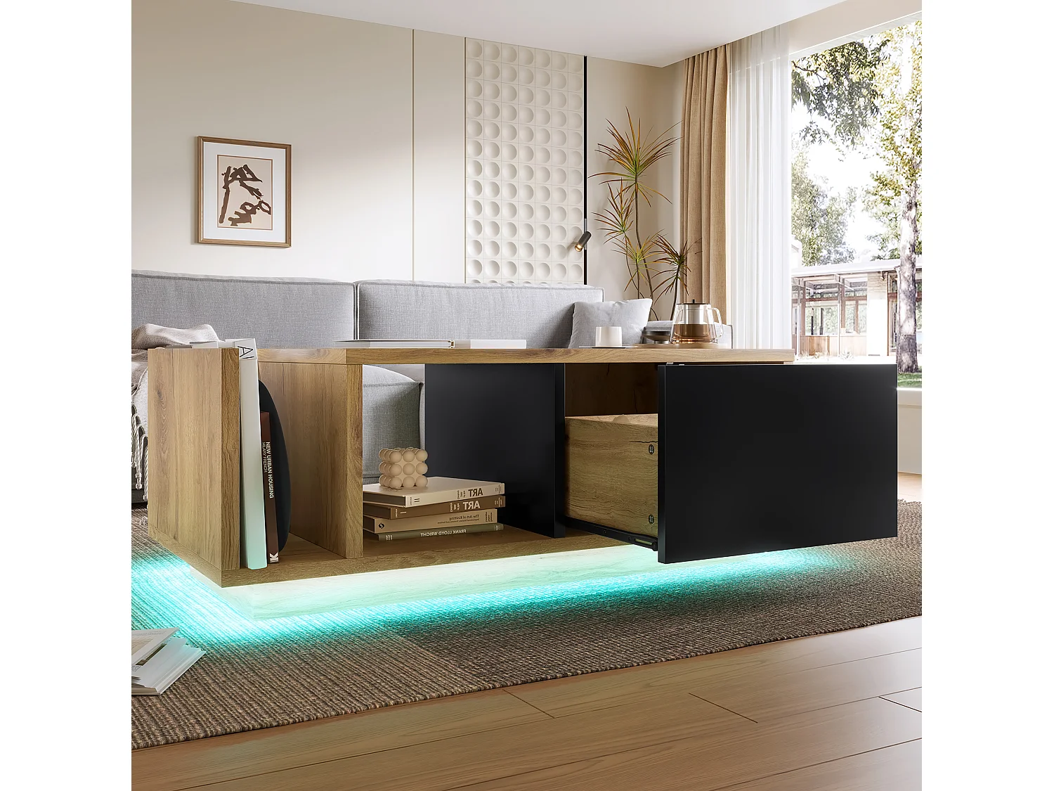 Table basse en bois - Table basse avec 1 porte et éclairage LED - compartiment de rangement ouvert