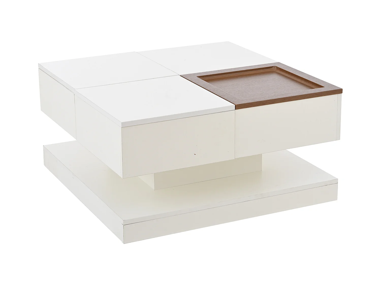 Kwadratowy biały stolik kawowy - Stolik kawowy z regulowanym blatem i 4 schowkami - Drewniany blat