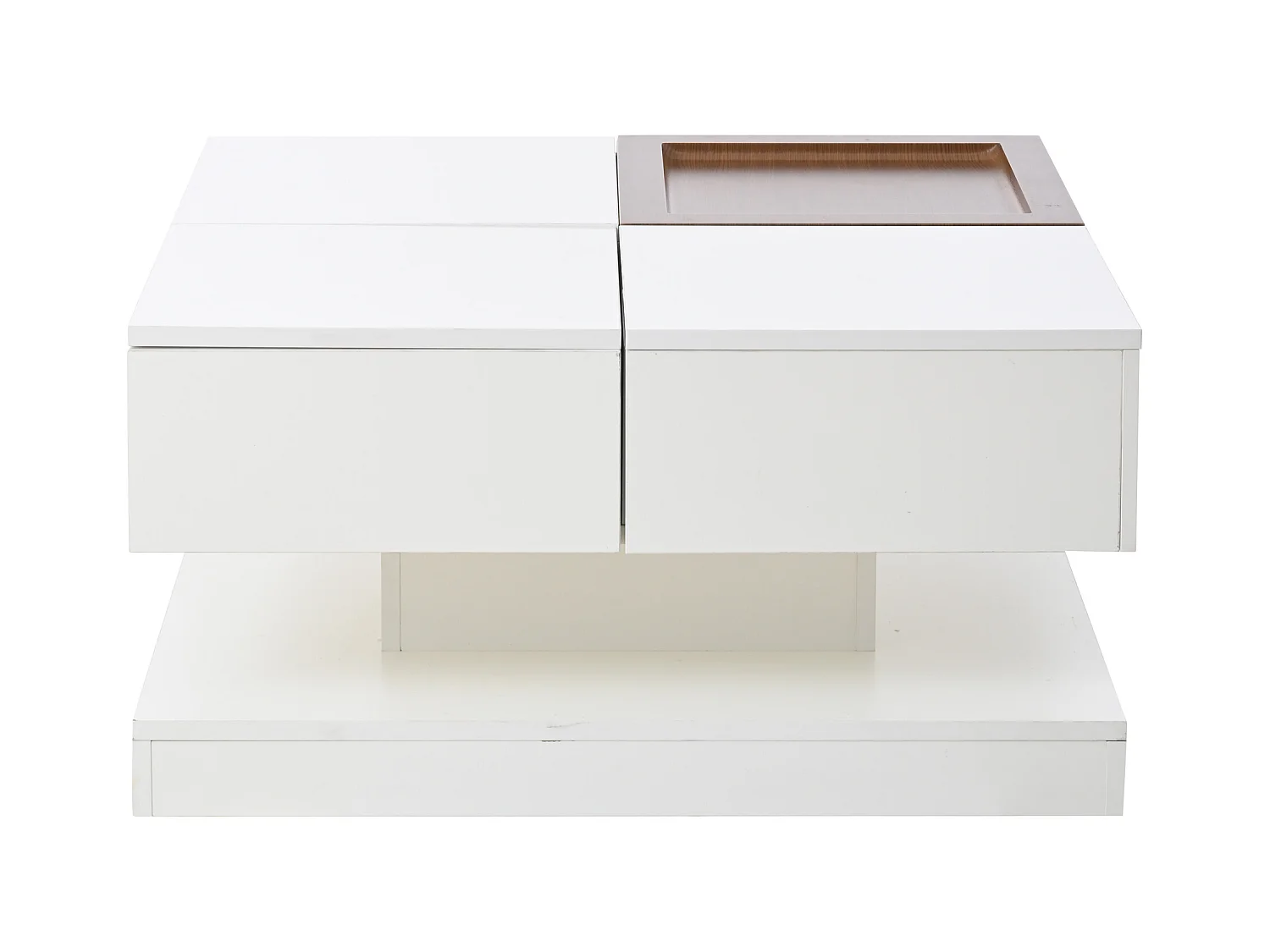 Kwadratowy biały stolik kawowy - Stolik kawowy z regulowanym blatem i 4 schowkami - Drewniany blat