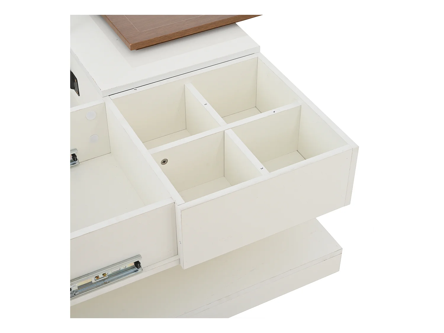 Kwadratowy biały stolik kawowy - Stolik kawowy z regulowanym blatem i 4 schowkami - Drewniany blat