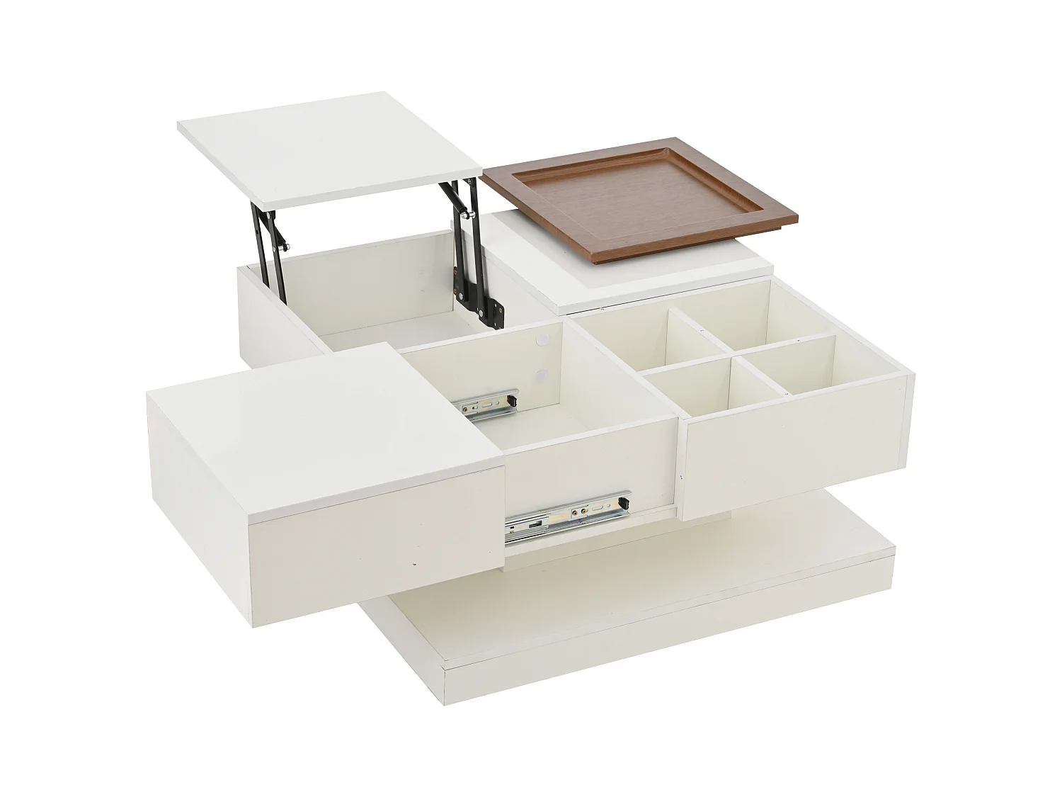 Kwadratowy biały stolik kawowy - Stolik kawowy z regulowanym blatem i 4 schowkami - Drewniany blat