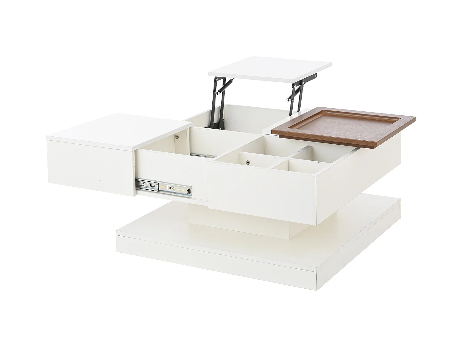 Kwadratowy biały stolik kawowy - Stolik kawowy z regulowanym blatem i 4 schowkami - Drewniany blat