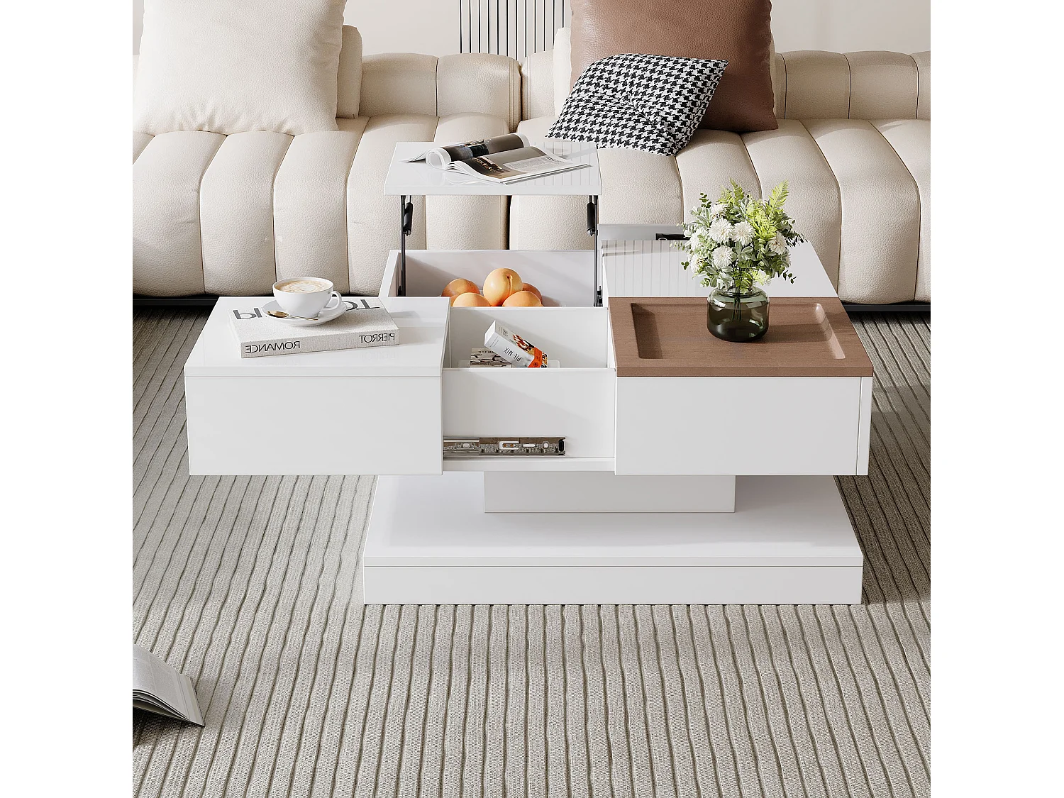 Mesa de centro cuadrada blanca - Mesa de centro con tablero regulable y 4 compartimentos de almacenaje - tablero de madera