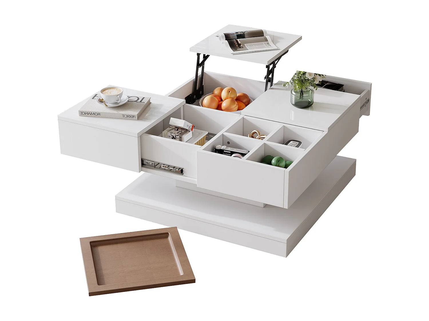 Mesa de centro cuadrada blanca - Mesa de centro con tablero regulable y 4 compartimentos de almacenaje - tablero de madera