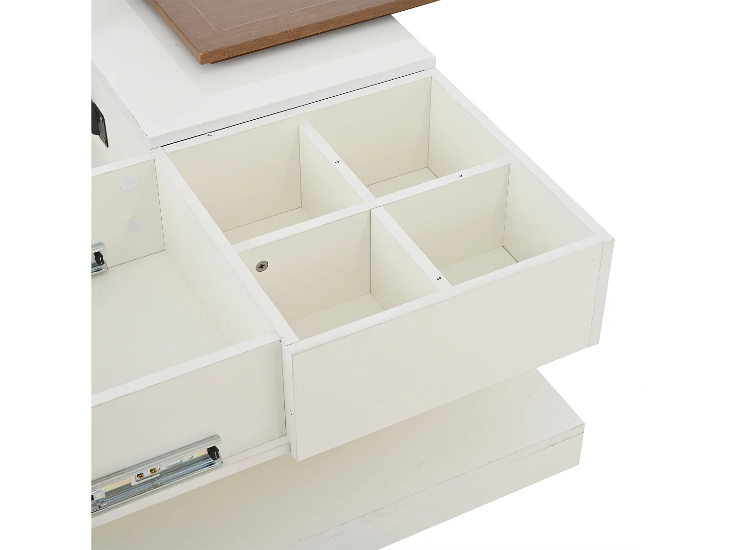 Mesa de centro cuadrada blanca - Mesa de centro con tablero regulable y 4 compartimentos de almacenaje - tablero de madera