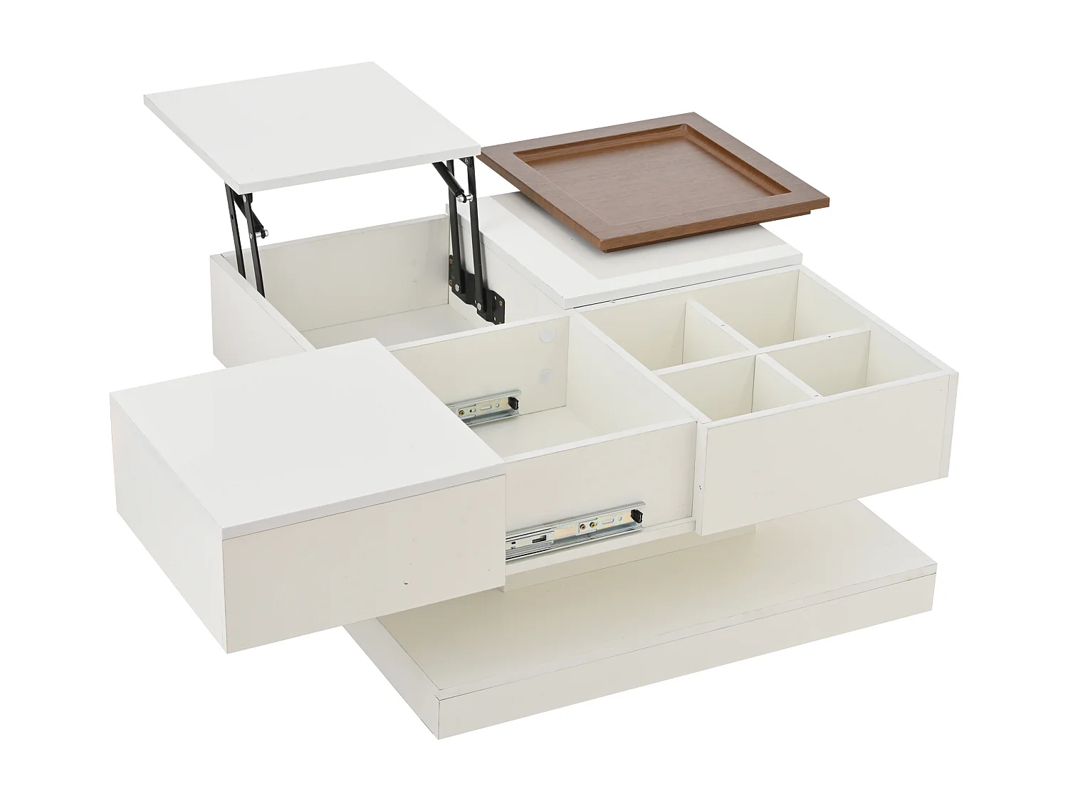 Mesa de centro cuadrada blanca - Mesa de centro con tablero regulable y 4 compartimentos de almacenaje - tablero de madera