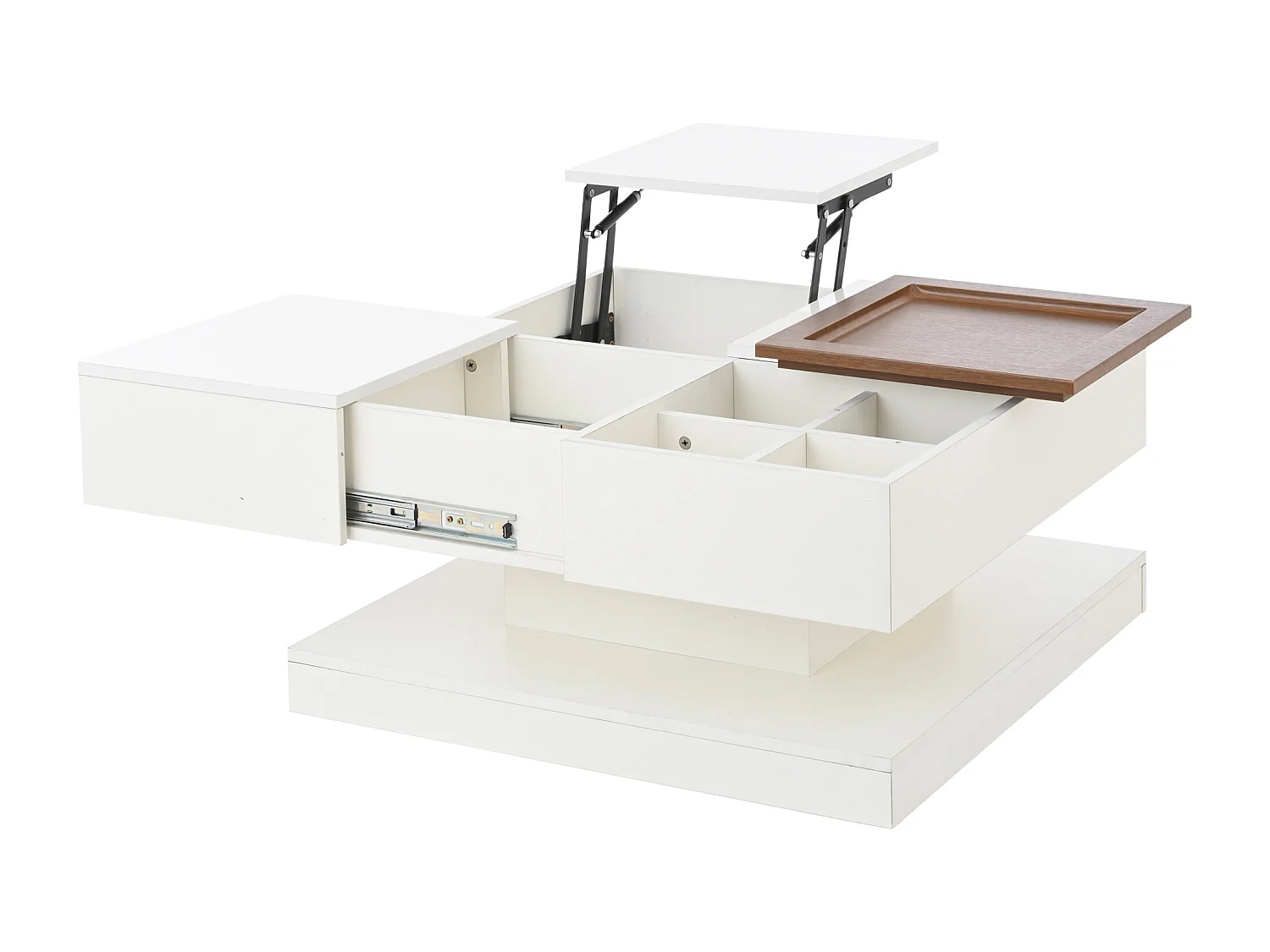 Mesa de centro cuadrada blanca - Mesa de centro con tablero regulable y 4 compartimentos de almacenaje - tablero de madera