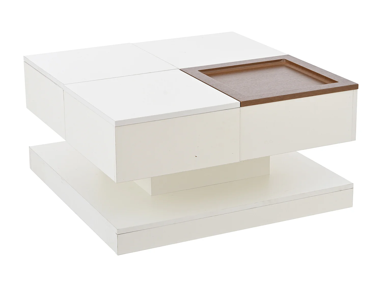 Mesa de centro cuadrada blanca - Mesa de centro con tablero regulable y 4 compartimentos de almacenaje - tablero de madera