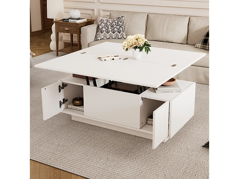 Couchtisch mit doppelter Hubplatte – Couchtisch mit 2 Türen – versteckter Stauraum – weiß